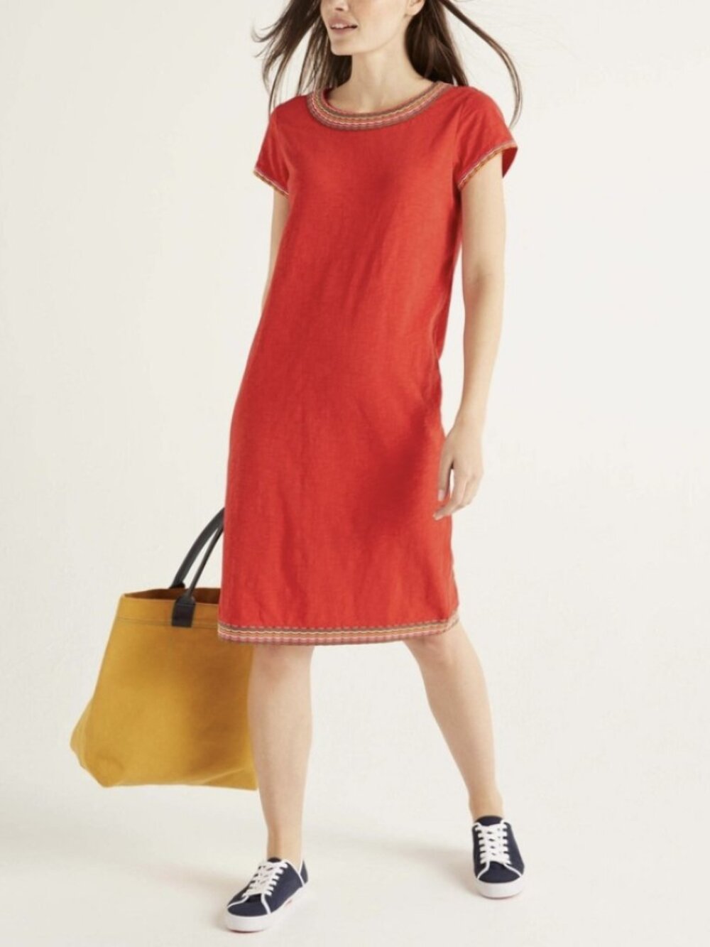 Boden Sena Embroidered Jersey Dress Cotton Red Cap Short Sleeve Shift Size 10L